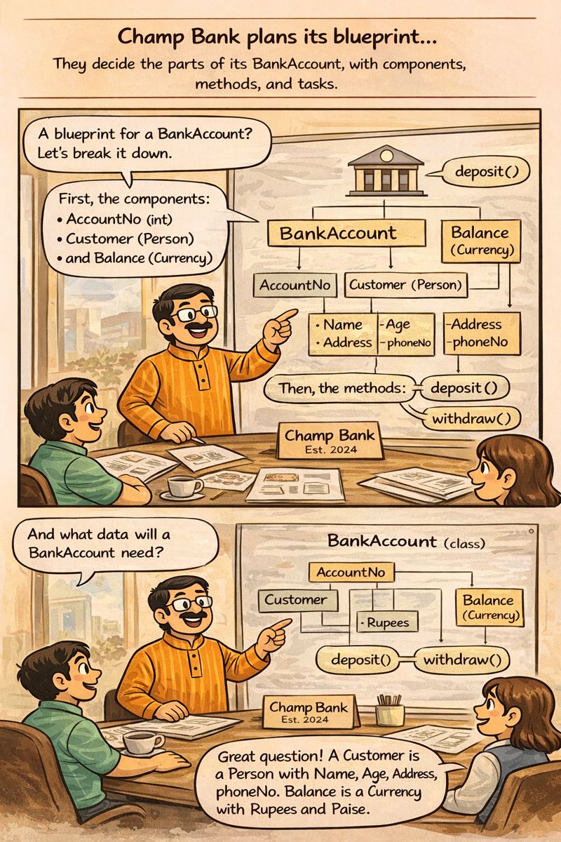 Champ Bank plans its blueprint — BankAccount with components and methods