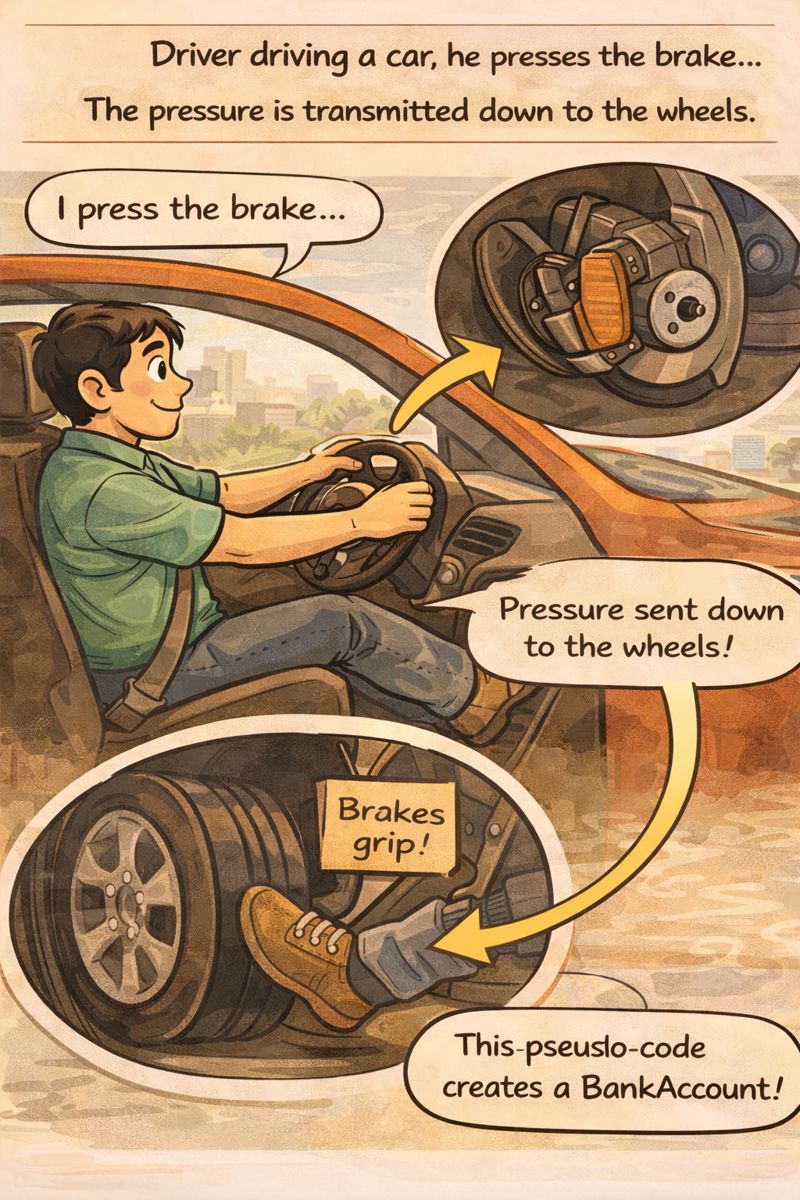 Driver presses brake and pressure transmitted to wheels